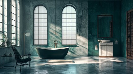 Vintage bathroom with freestanding tub and natural light