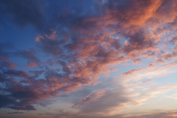 Blue pink clouds in the sky. Fantasy. The magic of sunset. Romance. Universal photo.