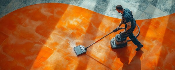 A worker using a floor cleaning machine on a large orange floor. The scene is viewed from above, showing the machine and worker in detail.