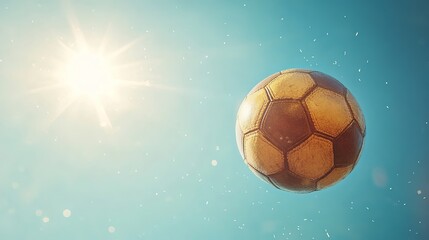 Football, football banner template. Sports poster, Leather soccer ball spinning, high detail, sun and stars sparkling in the background 