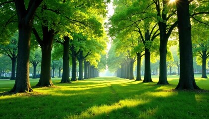 Tall trees casting dappled shadows on the ground, scenery, natural, leaves