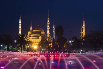 Illuminated Sultan Ahmed Mosque, UNESCO World Heritage Site, European side, Istanbul, Turkey, Asia