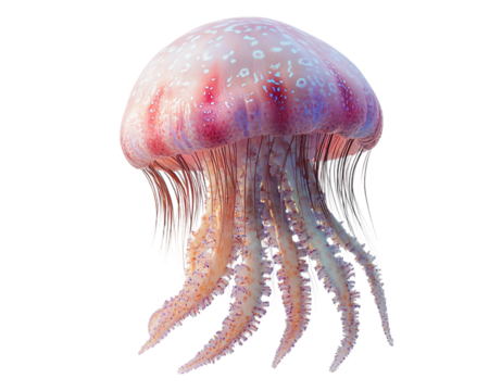 Large, pink and white jellyfish with a blue spot on its head