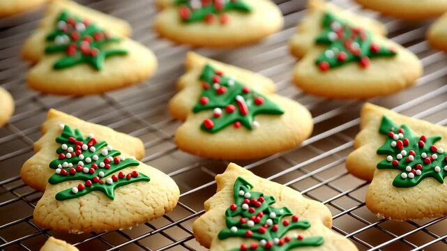 Festive holiday cookies cooling on rack with colorful tree decorations