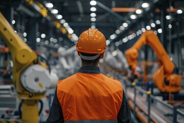 Back view of worker wit safety helmet in factory. KI generiert, generiert, AI generated