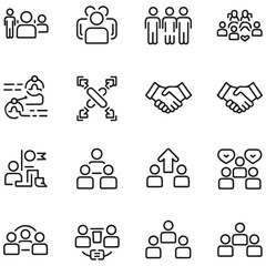 Successful business collaboration thin line icon set. Containing teamwork, cooperation, team working together, agreement, handshake, support, help, group people, partnership, organization.