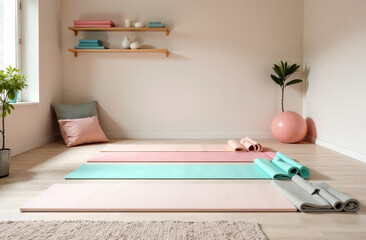 A cozy stretching area where several layers of yoga mats in soft pastel shades are neatly laid out. Soft lighting adds to the calming atmosphere.