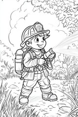 Smiling Child Firefighter in Forest . Children coloring page