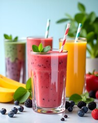 A vibrant display of various healthy smoothies arranged artfully in clear glasses. Each glass is filled with a different colorful blend, showcasing ingredients like spinach, bananas, berries, and mang