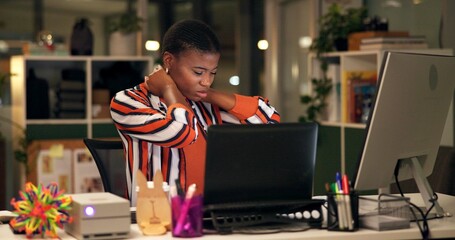 Black woman, night and neck pain with injury or computer for bad posture, sprain or pressure at...