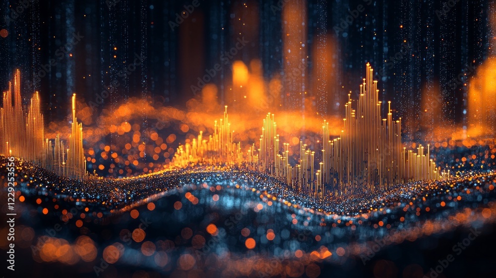Poster Colorful waves of data rise and fall in an abstract landscape, illuminated by glowing elements that create a captivating and dynamic representation of information