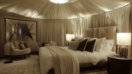 A sophisticated yurt with luxurious bedding, contemporary furniture, and exquisite lighting, perfect for a chic getaway