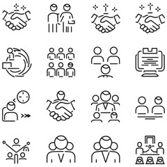 Successful business collaboration thin line icon set. Containing teamwork, cooperation, team working together, agreement, handshake, support, help, group people, partnership, organization.