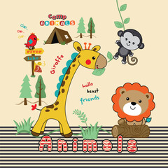 Cute animals having fun playing with good friends in safari zoo, joyful and energetic vector illustration
