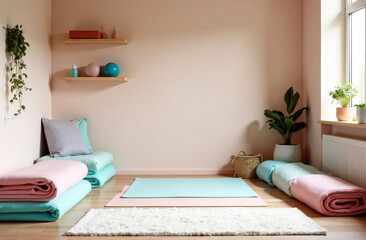 A cozy stretching area where several layers of yoga mats in soft pastel shades are neatly laid out. Soft lighting adds to the calming atmosphere.