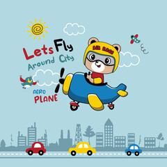 Cute animal pilot flying a plane in the sky, travel adventure concept.
