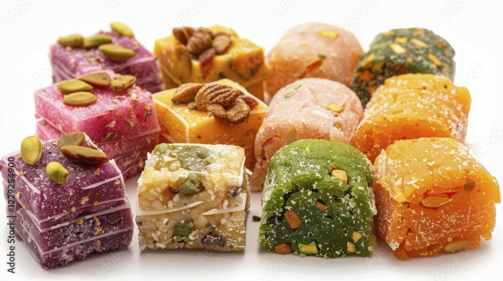 Wall mural assorted colorful square sweets topped with various nuts and seeds, presenting a vibrant and appeali