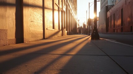 Obraz premium Empty street in an urban area. the street is lined with brick buildings on both sides, and the sun is shining through the windows on the left side of the image.