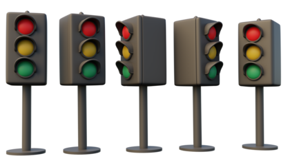 3d illustration of traffic light with all three colors lit on transparent background, 3d rendering