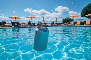 Naklejka premium A can of beer floating in a pool on a hot, summer day.