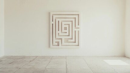 Minimalist white maze artwork on a blank wall in a modern empty room.