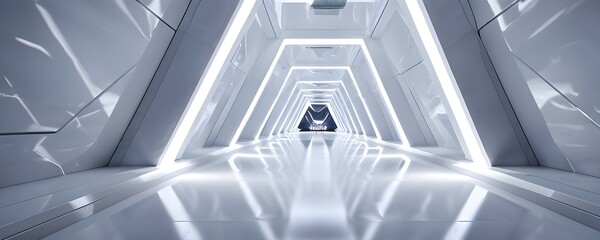 Fototapeta premium Futuristic long empty light corridor in white with sleek modern design, AI generated