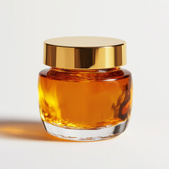 Ultra-detailed golden honey jar under precise lighting; premium focus for gourmet and natural branding.