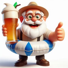 Cheerful elderly figure with a white beard and round glasses raises a frosty beverage while floating in a pool. His sun hat and vibrant demeanor embody the joy of summer leisure by the water