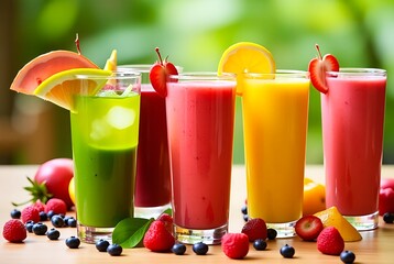 A collection of vibrant glasses filled with a variety of healthy smoothies, each showcasing its unique colors and ingredients. The scene is arranged artistically, highlighting the textures and fresh f