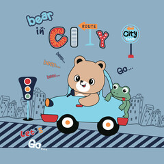 Cute bear and little friend traveling by car. Fun adventure concept for children.
