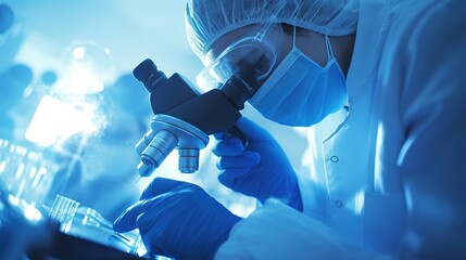Close Up of a Scientist Using a Microscope, Analyzing a Petri Dish Sample. Developing New Drugs. 