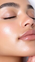 Fototapeta premium Close up of a woman's face, eyes closed, with a white, sparkly substance applied to her skin. Soft lighting, focus on the texture and subtle shine of the product. Neutral background.