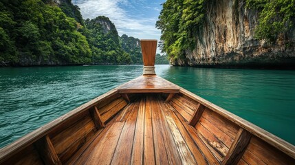 A longtail boat gliding through the calm turquoise waters of Krabi, with lush green islands and towering limestone formations creating a breathtaking backdrop