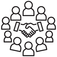 Successful business collaboration thin line icon set. Containing teamwork, cooperation, team working together, agreement, handshake, support, help, group people, partnership, organization.