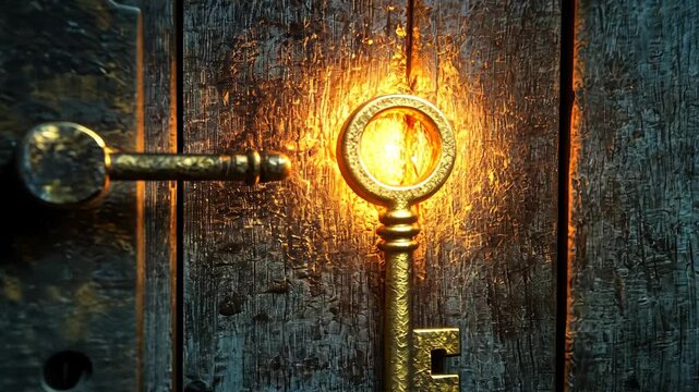 Golden key unlocks old wooden door illuminated by enchanting glow