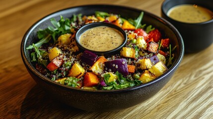 Black bowl filled with a colorful salad on a wooden table. the salad is made up of various vegetables such as red cabbage, yellow squash, and green leafy greens.