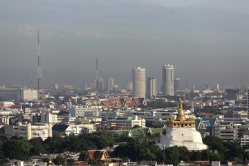 Gilded Stupa on Golden Mount, Wat Saket temple, northern skyline, panoramic view from Grand China Hotel, Chinatown, Bangkok, Thailand, Asia