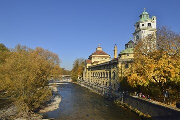 Isar river and Art Deco Müllersches Volksbad, Munich, Bavaria, Germany, Europe