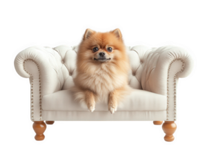 Fluffy Pomeranian dog sitting on luxury sofa, looking adorable and relaxed. This charming pet adds cozy touch to any living space