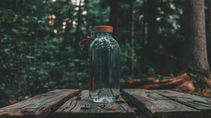 Fototapeta premium Glass water bottle with a brown lid sitting on a wooden table in a forest. the bottle is empty and appears to be made of transparent glass.
