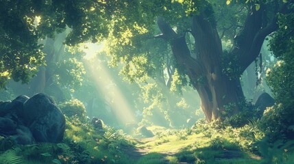 Fototapeta premium green forest with sunlight filtering through the dense canopy, creating a magical and refreshing atmosphere.