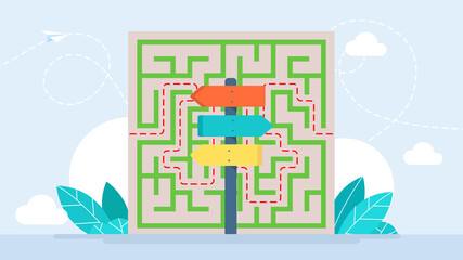 Wooden road pointers. Choice of way concept with signposts pointing on path fork. Labyrinth, maze, choosing direction. Business people working in labyrinth. Business concept. Flat illustration