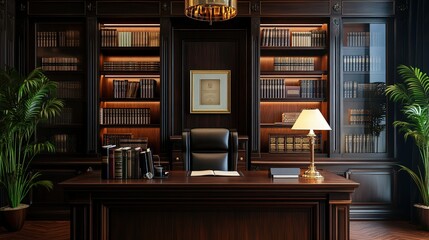luxurious executive office with a dark wooden desk, leather chair, and bookshelves filled with neatly arranged books