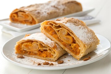 Bundevara Serbian strudel with pumpkin. Traditionally, bundewara is made from thin layers of dough. The taste of strudel is a thin crispy dough and a sweet pumpkin filling, emphasized by the warm spic