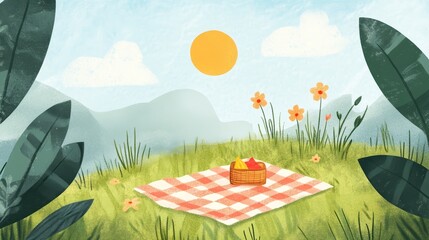 Sunny Day Picnic Scene  Idyllic Landscape with Checkered Blanket  Basket  and Flowers