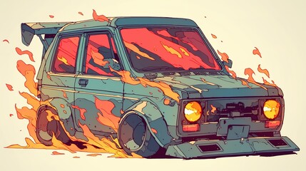 digital car with fire, Sticker, Adorable, Muted Colors, Hand Drawn, Contour,