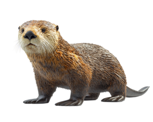 Small brown otter is standing on transparent background