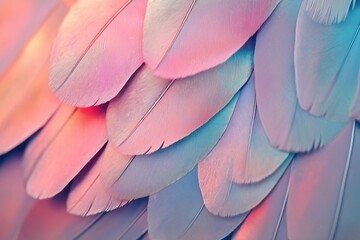 Soft, overlapping bird feathers display a stunning array of pastel colors, blending pink, blue, and purple hues. The minimalist composition highlights the delicate texture and intricate patterns