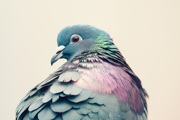 Minimalist photography capturing the intricate details of a pigeon with iridescent feathers. The...