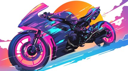 digital illuminated motorbikes in neon styles, Stickers, Enthusiastic, Bold Colors, Chibi, Contour,